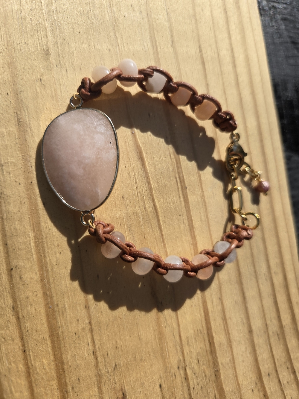 GENUINE GEMSTONE PINK ADVENTURINE & LEATHER BRACELET